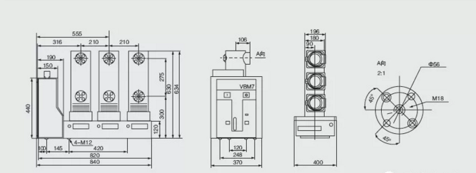 側裝式戶內高壓真空斷路器的外形尺寸
